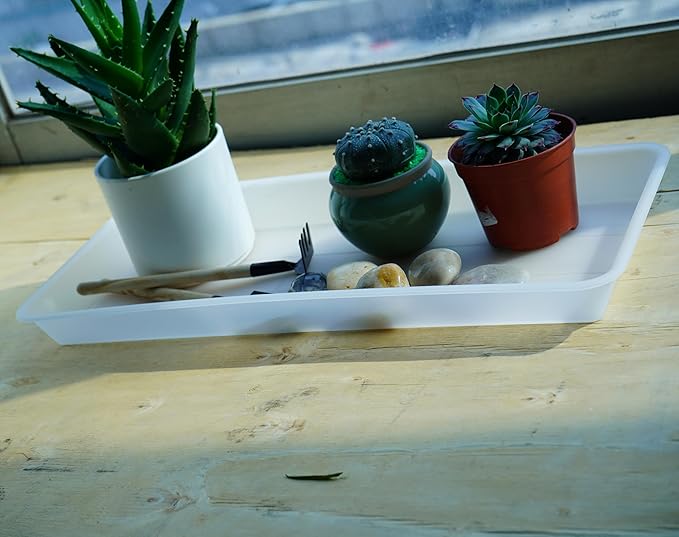 VUWEZ 2 Pack of Plastic Plant Tray Saucer Rectangular 14 inch, Plant Trays Saucers for Indoors Outdoor, Plant Water Drip Tray for Flower Pot Planter, Windowsill Plant Tray (6.8 X 14.5'', Clear)
