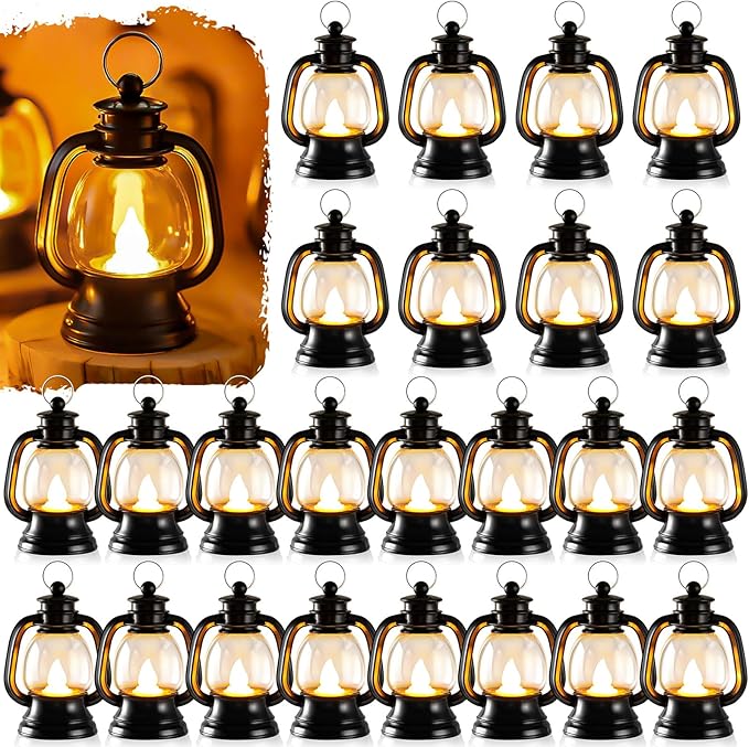 24 Pcs Halloween Mini Centerpieces for Tables with LED Simulation Candle, 4 Inch Small Hanging, Decorative for Wedding Centerpiece Tables (Warm Yellow