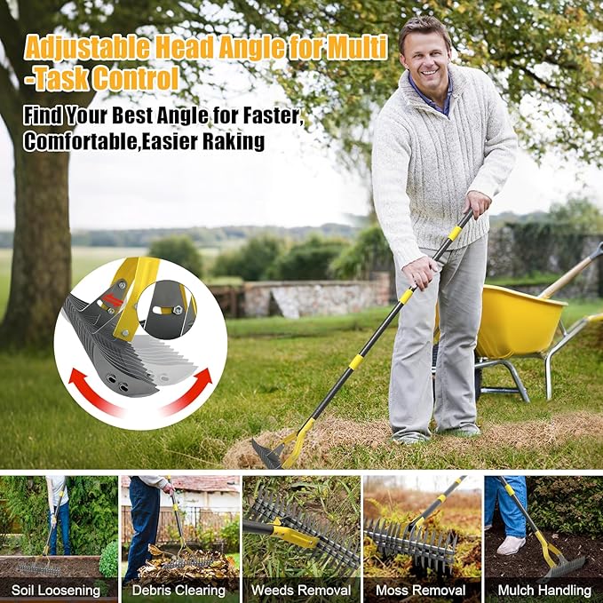 Dual-Action Thatch Rake for Lawn - Efficient 15" Thatching Rake with Sharp Dethatching Blade,Manual Dethatcher & Scarifier Tool for Dead Grass Removal,Soil Loosening,Garden Yard Lawn Care,55" Long