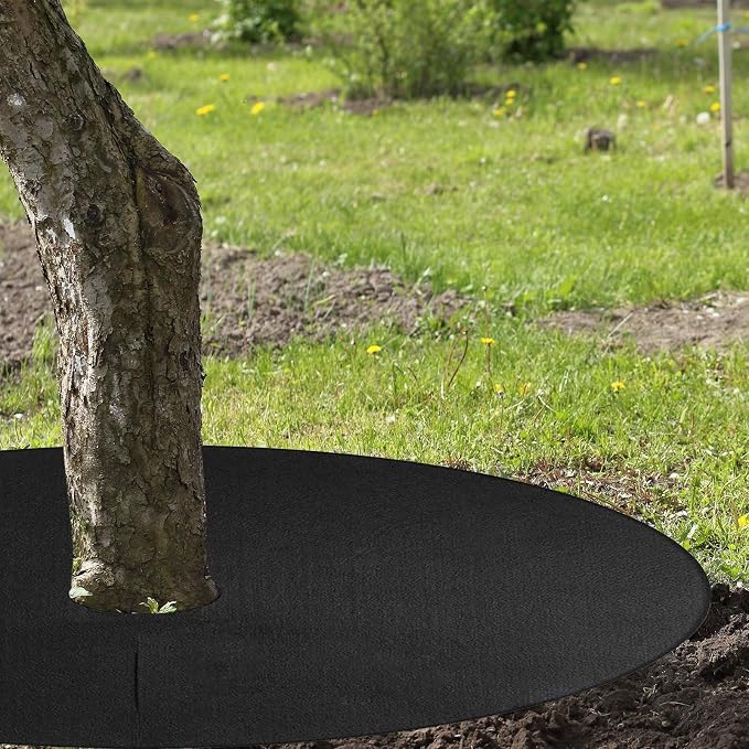 Whaline 32.2 Inch Non-Woven Tree Mulch Ring Thickened Tree Protector Mat with 12 Staples Stakes Reusable Anti Grass Fabric Weed Barrier for Garden Landscape Weed Control Root Protection, 8 Pcs