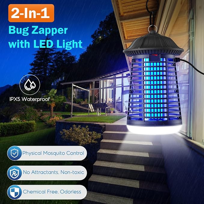 Bug Zapper Indoor Outdoor with LED Light, 4200V High Voltage Mosquito Killer Lantern, Plug-in Electronic Fly Trap Insect Killer, Waterproof Bug Zapper for Home Patio Backyard Garden Camping Office