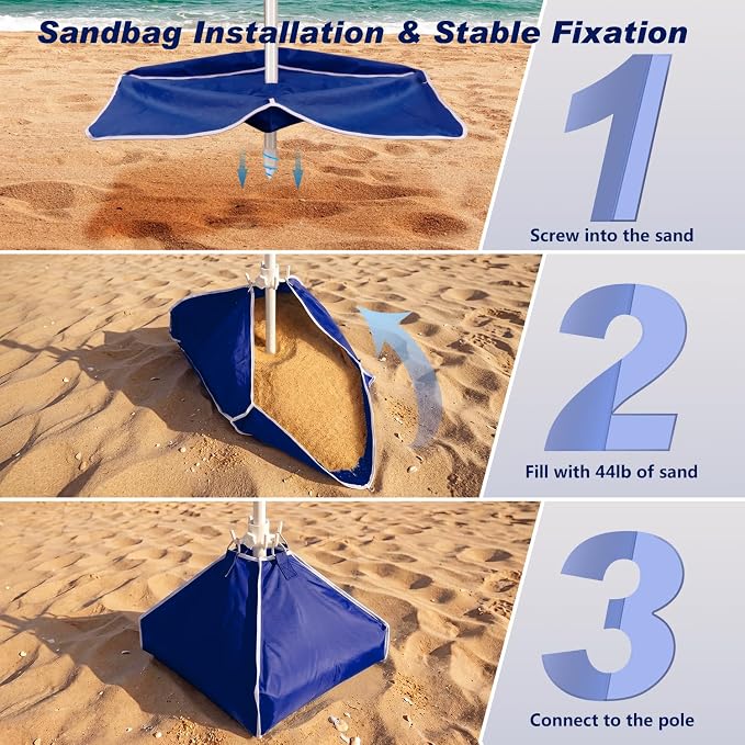 Fisqueen 8FT Large Beach Umbrella with Level 7 Wind Resistance Sand Anchor Sand Bag, Portable Outdoor Umbrella with UPF50+ UV Protection, Tilt Sun Shelter for Beach, Patio, Yard