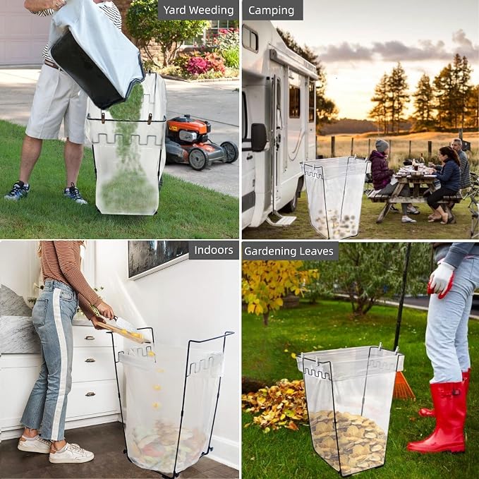 Garden Trash Bag Holder - Outdoor Leaf Bag Support Stand Multi-Use Metal Garbage Bag Holder Frame Holds 30-45 Gallons Bag for Leaves, Camping, Yard Weeding, Lawn Party