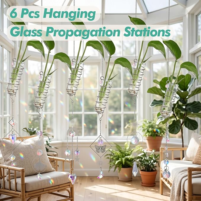 H&D HYALINE & DORA 6 Pcs Hanging Glass Propagation Stations with Crystal Suncatchers Glass Wall Planters for Indoor Plants Hydroponics Mini Test Tube Flower Vase with Metal Chain for Home Decor