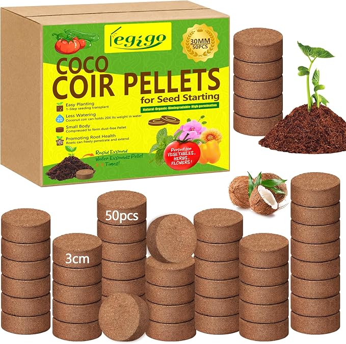 Legigo 50 Pcs 30mm Coco Coir Pellets Seed Starter Soil Mix- Organic Coconut Coir Potting Soil Pods for Seedling, Coco Peat Soil Discs for Indoor & Outdoor Plants Bonsai Herbs Vegetables and Flowers