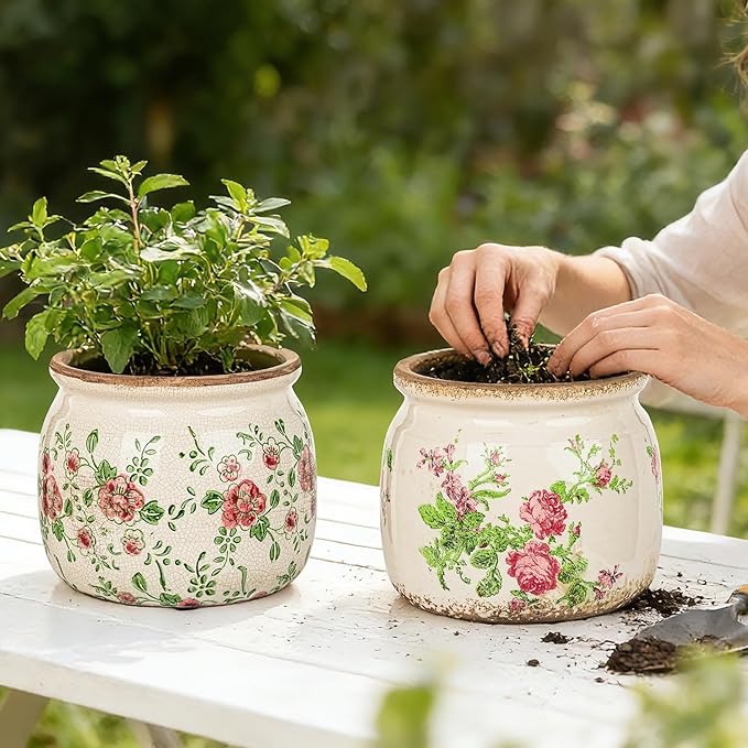 Sungmor Set of 2 Farmhouse Ceramic Planters with Drainage Hole,Vintage Crackle Glaze Flower Pots, Tuscan Decor Pots for Indoor/Outdoor Herbs,Succulents and Small Flowers