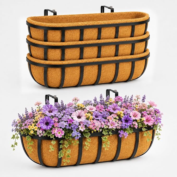 24" Railing Planter with Adjustable Brackets, Window Box with Coco Liner, Hanging Flower Metal Box for Indoor Outdoor, Balcony Deck Fence Porch Patio, Black, Set of 4