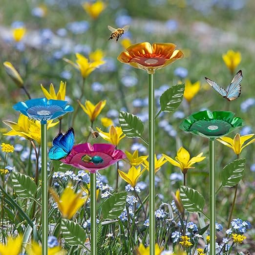 1 Pack Bee Watering Station for Garden, Colorful Metal Flower Bee Bath, Decorative Design Attracts Bees & Butterflies, Easy Install Durable Outdoor Yard Decor