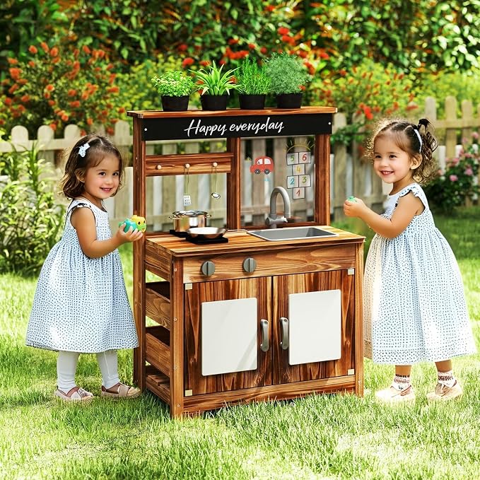 Costzon Mud Kitchen, Fir Wood Outdoor Play Kitchen with 4 Planting Pots, Faucet, Removable Sink, Stoves, Cooking Accessories, Kids Kitchen Playset for Backyard, Garden, Gift for Boys Girls 3+ (Brown)