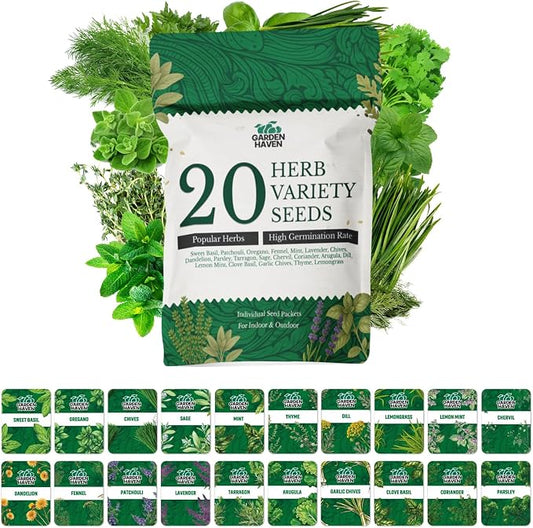 20 HERB Seeds Variety Pack - Complete Grow Kit Culinary Herbs Indoor Outdoors Herb Seeds, Basil, Oregano, Mint, Thyme & More Individually Seed Packets Starter Kit (Seeds Only)