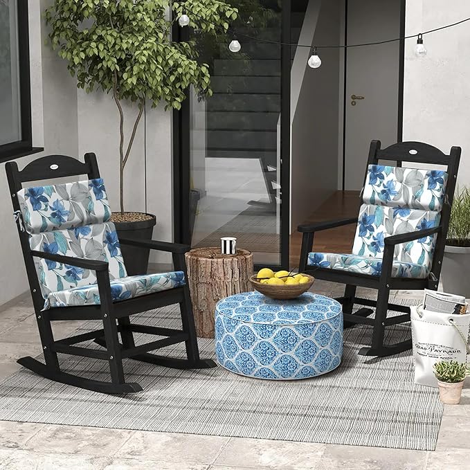 DYTXIII Outdoor High Back Chair Cushions Set of 2, 44"x22" Water Repellent Patio Seat Cushions with Elastic Sponge, All Weather Chair Pads for Rocking, Dining, Patio Furniture - Clemens Noir Blue