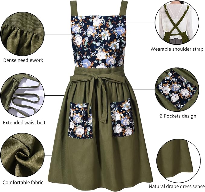 Pinknoke Vintage Pinafore Apron Dress for Women with Pockets Cute Floral Chef Aprons for Kitchen Cooking Baking Gardening
