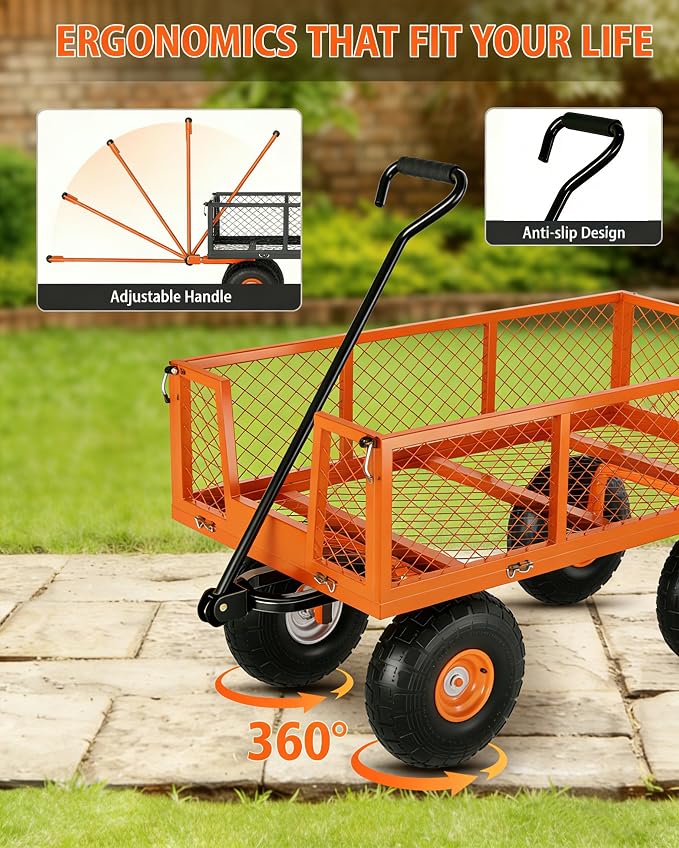 GarveeLife Heavy Duty Steel Garden Cart 500 LBS Capacity 3 in 1 Pullable Garden Wagon with 10 in Wheels for Gardening Soil, Tools, and Plant Transport