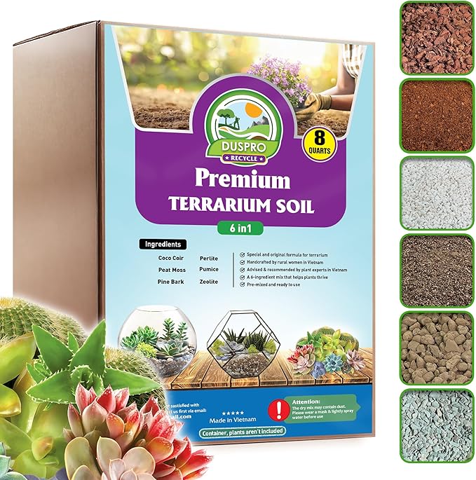 DUSPRO Premium 6in1 Terrarium Soil Mix – Pre-Mixed Terrarium Substrate Mix for Terrariums, Balanced Moisture Growing Medium with Coco Coir, Peat Moss, Pine Bark, Perlite, Pumice & Zeolite 8QRT