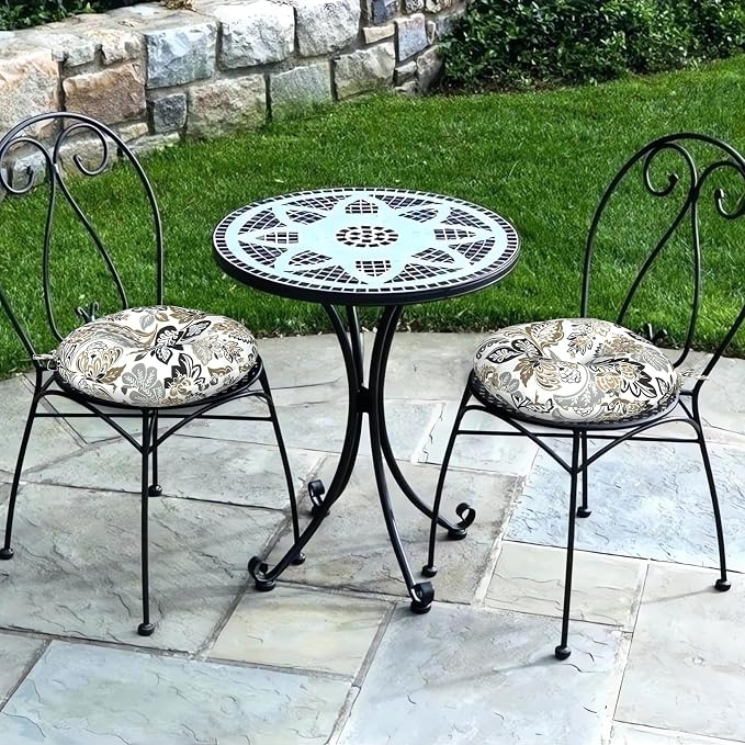 DYTXIII Set of 2 Outdoor Round Chair Cushions 15"x15"x4" with Ties, Water Repellent Tufted Bistro Seat Cushions, Thick Patio Chair Pads for Bar Stool, Garden & Dining Furniture - Dailey Tan