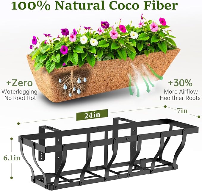 VOXOR Railing Planter Boxes, Heavy Duty Window Box Planters, Adjustable Balcony Planters for Railing Hanging, with Coco Liner for Deck, Porch, and Patio Gardening (2 Pack, 24 Inch)