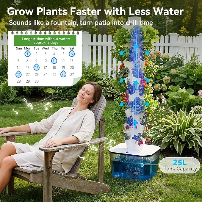 BAOSHISHAN 8 Tiers 40 Pods Outdoor Hydroponics Tower for Herbs & Greens | Durable ABS Space-Saving Vertical Tower, Smart Water Circulation, 360° Wheels for Easy Mobility, Beginner-Friendly Setup