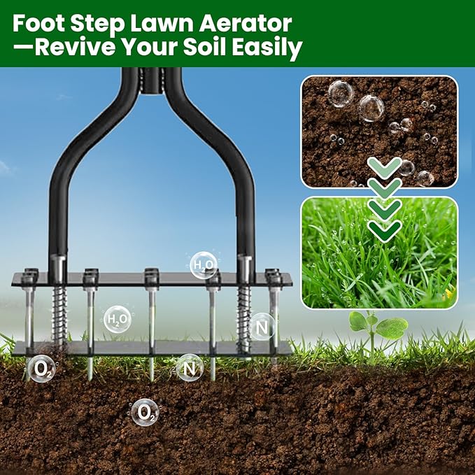 Manual Lawn Aerator Tool, Automatic Dirt and Leaf Clean Design, with 15 Iron Spikes Adjustable Height, Double-Layer Spring, for Loosening Soil Aerating Patio, Yard, Garden, (Black)