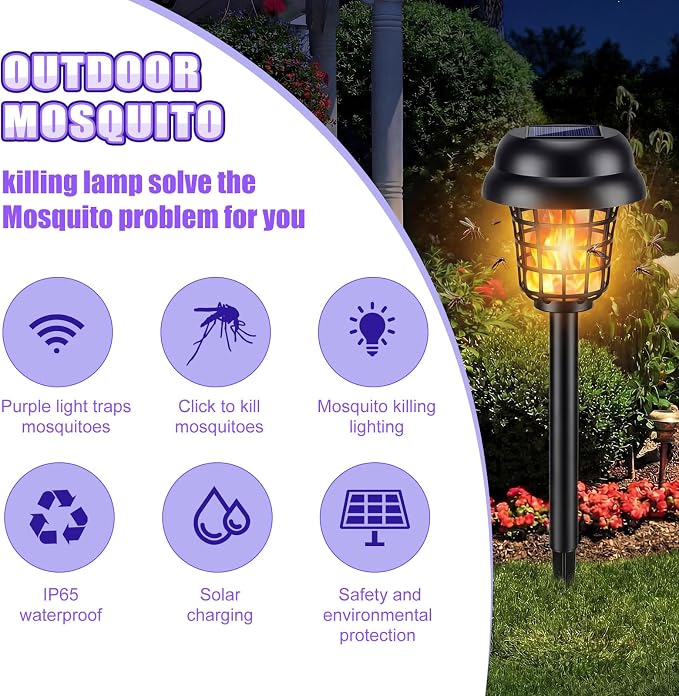 Qualirey 4 Pcs Solar Mosquito Zapper Outdoor Waterproof Solar Powered Bug Zapper Outdoor Mosquito Killer Lamp Trap Repellent Light for Garden Yard Insect (Purple and Flame Light,Black)