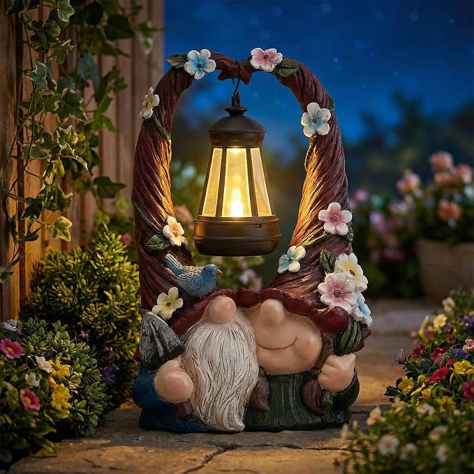 Joint Honglin Solar Garden Gnome Statue with Hanging Lantern - Dual Gnome Couple Figurine with Flower Arch, Waterproof Resin Yard Art Decor for Patio, Lawn, Porch, Whimsical Gardening