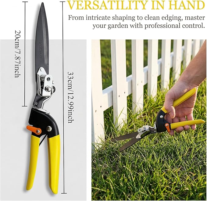 Grass Shears with 90° Rotatable Head, Hand Clippers for Lawn Edges and Garden Trimming, Safety Lock, Spring-Loaded