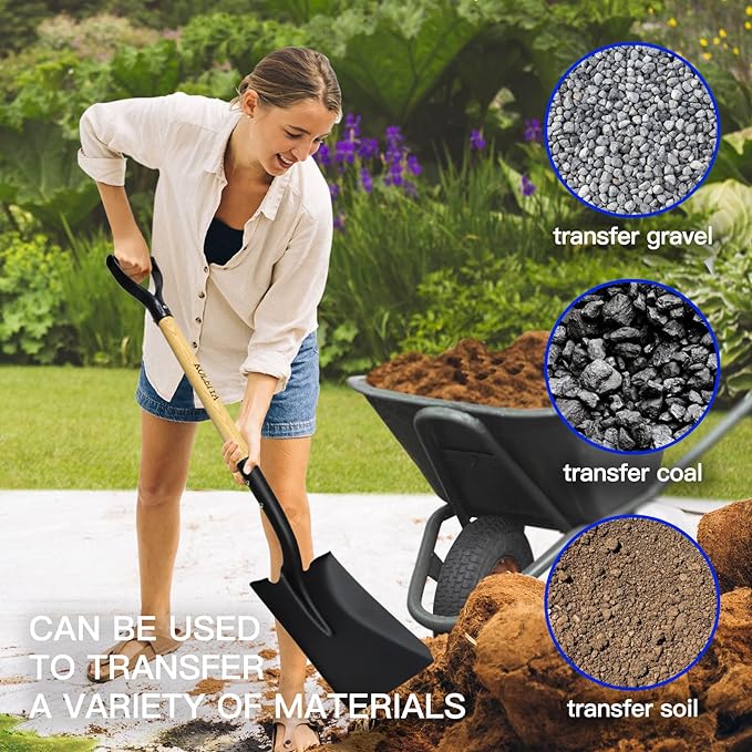 KOLEIYA Flat Shovel,Transfer Shovel with D Handel and Heavy Duty Square Head for Landscaping,Gardening,Construction,Snow Shoveling and Yard Work,41-Inch,Metal+Wooden