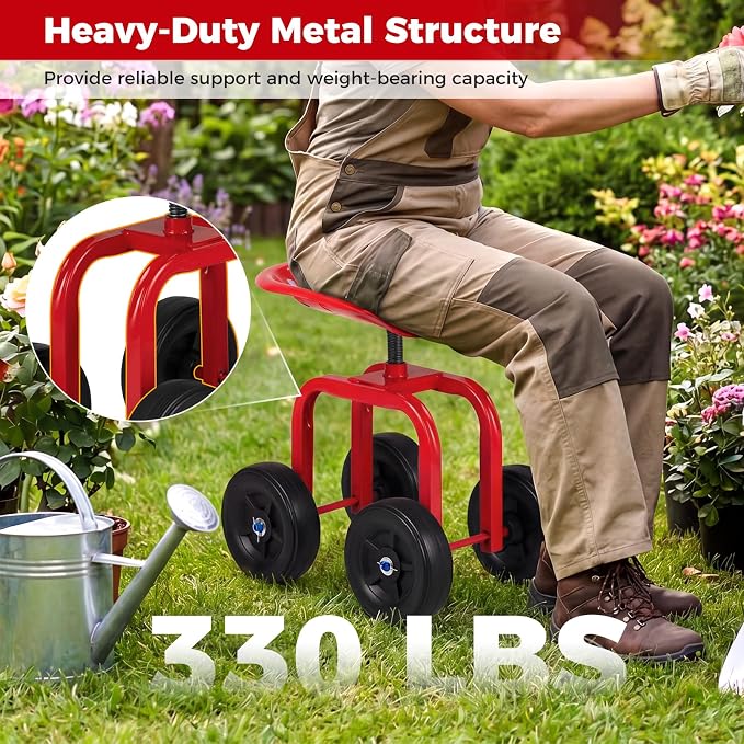 Rolling Garden Seat, Garden Cart with 360° Swivel Work Seat & Adjustable Height, Heavy Duty Garden Seat with Wheels for Lawn Yard Patio Greenhouse Planting Cleaning (Red)
