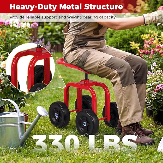 IRONMAX Garden Cart with Seat, Gardening Rolling Stool Scooter with Wheels & Ergonomic Seat for Planting, Wheeled Outdoor Gardening Work Seat for Patio, Yard, Garden (Red)