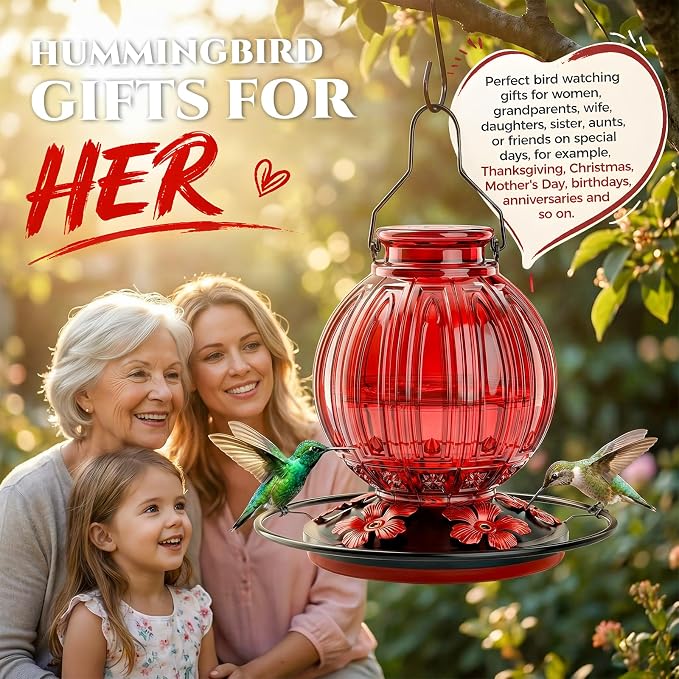 2 Pack Glass Hummingbird Feeder for Outdoors Hanging, Bird Nectar Feeder with Perch & 5 Flower Feeding Ports, 26 Oz Leak Proof for Outside Garden Decor Backyard, Gifts for Women Mom, Red + Orange Red