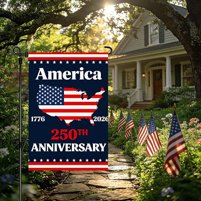 250 Anniversary USA Garden Flag, Double Sided Waterproof Patriotic America Map Flag 1776–2026, Outdoor Yard Decor 12x18