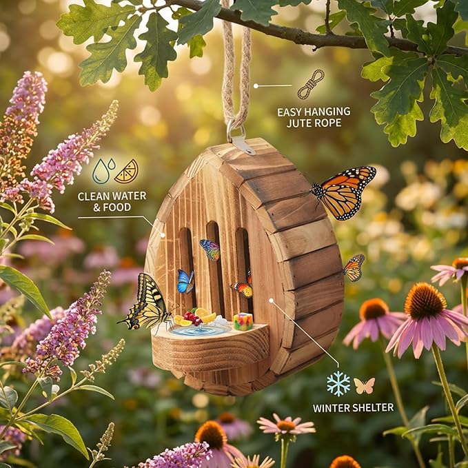 Butterfly House Butterfly Habitat Garden - Wooden Butterfies Houses with Feeder Hanging Garden Decoration Natural Butterfly Habitat Nesting Box for Butterflies Bugs Moths & Lacewings