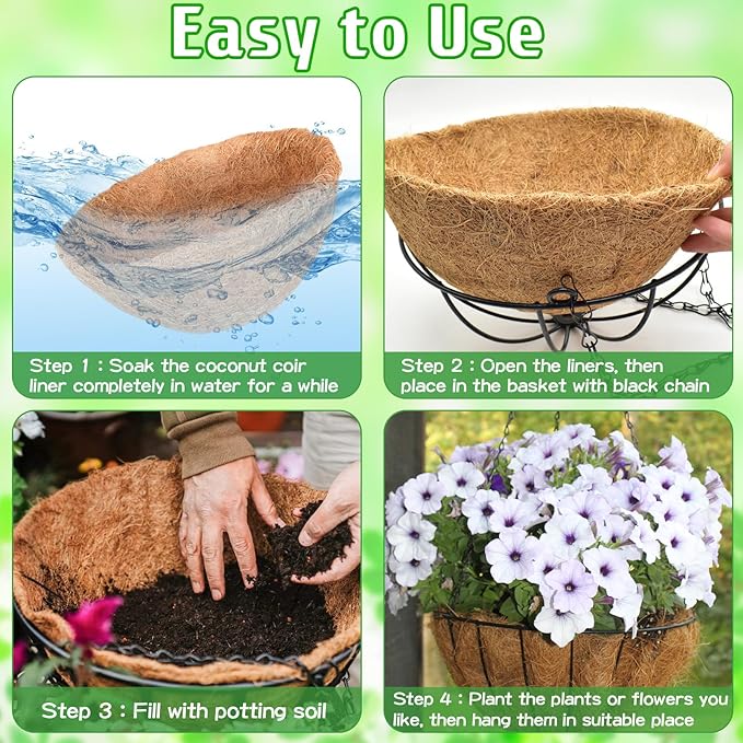 ZeeDix 2 Pack 14 Inch Hanging Baskets for Plants Outdoor, Metal Wire Round Planters with Coco Liner, Hanging Flower Baskets for Home Garden Porch Balcony Railings Decor