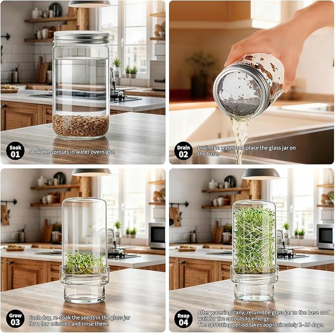 Sprouting Jar Kit, 2 Pack Wide Mouth Mason Jar Sprouting Kit with Sprout Lids, Blackout Sleeves, Drain Cover, Perfect for Home Gardeners, Health Enthusiasts & Vegan Diets