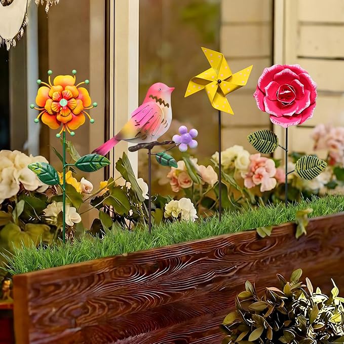 8 Pcs Metal Flower Garden Stake for Outside Outdoor 14" 5D Summer Wildflowers Metal Sign Waterproof Decoration Bird Dragonfly Windmill Landscape Ornament for Lawn Yard Garden Patio Porch Art