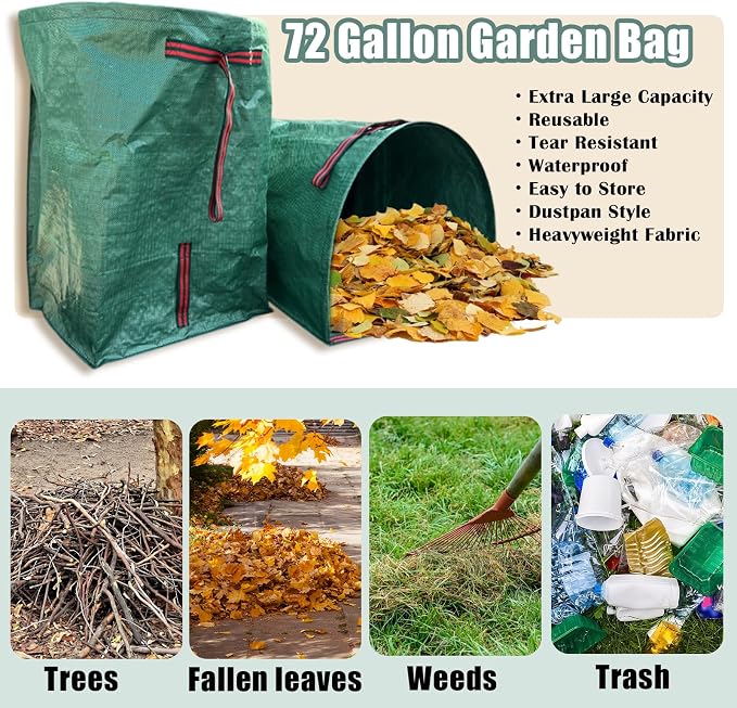 72 Gallon Reusable Yard Waste Bags 2 Pack Leaf Bag Holder, Dustpan-Type Leaf Lawn Bag, Leaf Bag with Gardening Gloves, Clollapsible Leaves Collector Garden Bag for Debris, Grass, Branches, Trash
