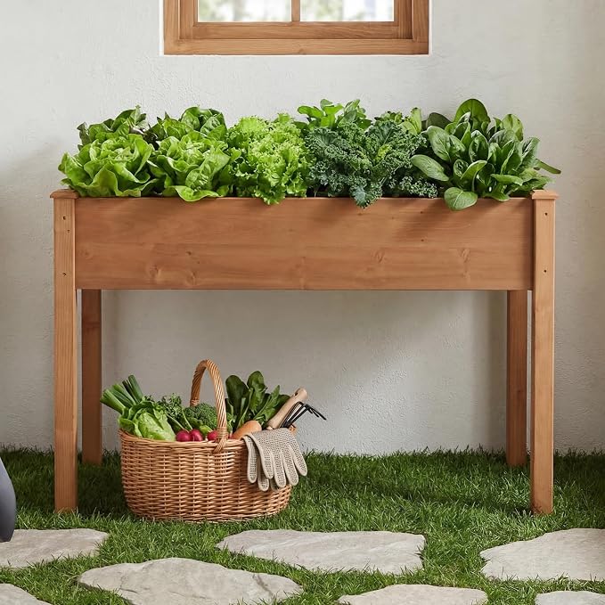 DUMOS Raised Garden Bed with Legs, 48x24x30 Inch Planter Box Outdoor with Liner for Herbs Flowers Vegetables, Elevated Wooden Garden Bed for Patio, Balcony and Backyard, Brown