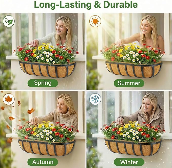 Y&M 2pcs 24 Inch Window Deck with Coco Liner, 24" Window Boxes Horse Trough with Coconut Coir Liner, Black Metal Hanging Flower Planter Window Basket Deck Railing Planter Boxes for Outdoor Indoor