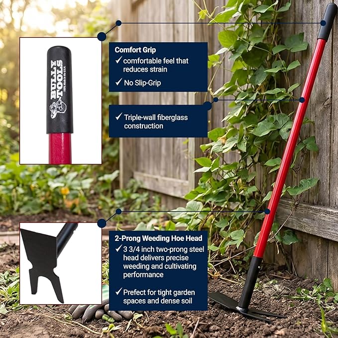 BULLY TOOLS 12-Gauge 2-Prong Weeding Hoe w/Fiberglass Handle - Ideal Heavy-Duty Gardening Tools for Weeding, Garden Soil Prep, Cultivating Beds - Built to Withstand Everyday Yard Work - Made in USA