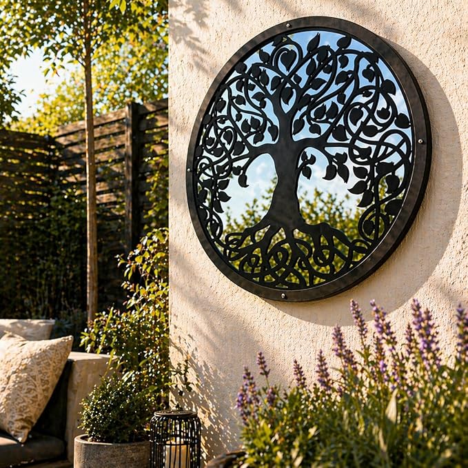 Sun Catcher Garden Decor Tree of Life Garden Mirror 50cm, 19.6 Inches Diameter Round Framed Mirror Outside Back Acrylic Fixings Included, Colour:Black