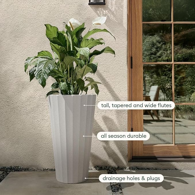 Veradek Column Series 26" Tall Outdoor Planter for Porch & Patio | Durable Plastic-Stone Material w/Shelf | Modern Décor for Plants & Flowers