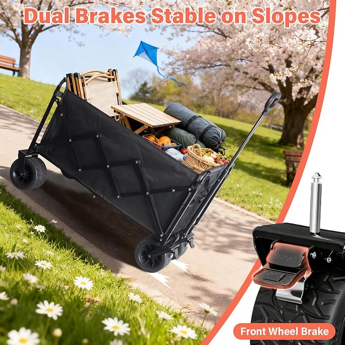Collapsible Wagon Cart with All-Terrain Wheels - Folding Utility 600LBS Heavy Duty Wagons Carts for Grocery Sports Garden Shopping Camping Fishing (Black, 220L)
