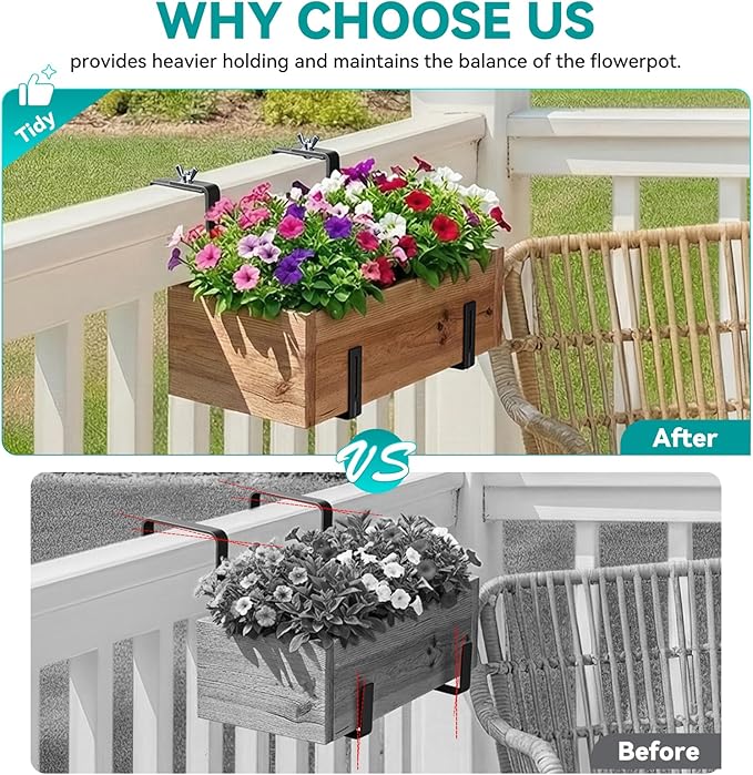 Adjustable Planter Box Brackets,Enhanced Bottom Support,Universal Outdoor Hanging Brackets,Flower Box Brackets for Fence Railings, Windowsill, Patio, Garden,Balcony. (8, Black)