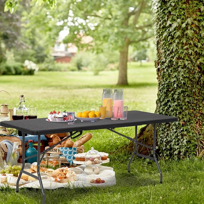 PayLessHere | 6FT Folding Table | Black Ratten | Portable Plastic Table with Carry Handle | Waterproof & Foldable Table Design | Steel Frame with Lock | for Events, Camping, Indoor & Outdoor Use