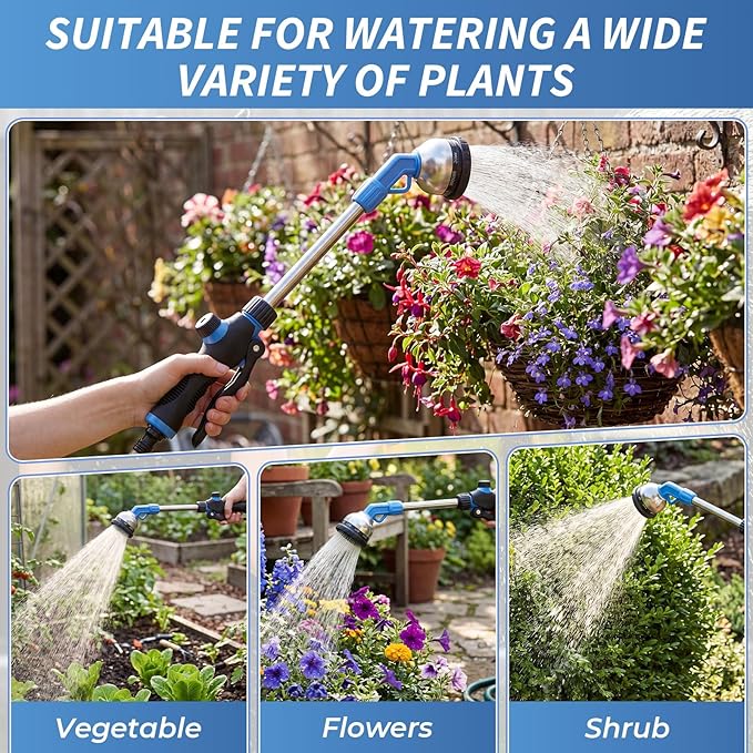 Hushee 2 Pack Garden Hose Wands 16'' Heavy Duty Metal Watering Wands with 180° Swivel Head Adjustable 9 Spray Patterns Long Hose Nozzle Sprayer Control for Hanging Baskets Tall Plants Car Wash