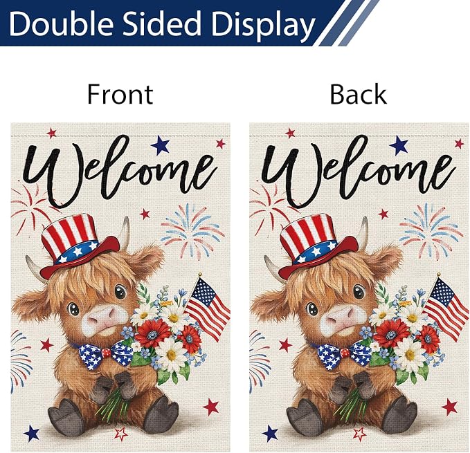 Heyfibro Welcome 4th of July Patriotic Garden Flag 12x18 Double Sided Burlap, Highland Cow with American Flag & Fireworks Yard Banner for Rustic Daisy Independence Day Outdoor Decor