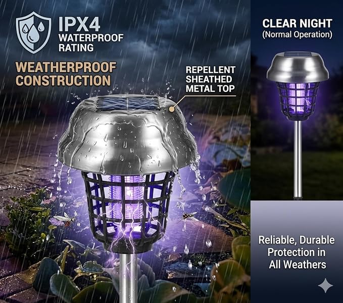 4 Pack Solar Bug Zapper Outdoor Waterproof Solar Powered Mosquito Zapper Repellent Outdoor Patio,Cordless & Auto On/Off Trap Light for Small Fly Insect Zappers for Garden Backyard Gnat for Outside