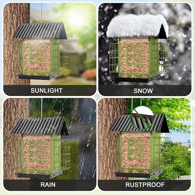 FlowaFoli Bird Feeders for Outdoors Hanging, Metal Bird Feeder with Double Suet Cage Cake, Large Capacity, Birdfeeders Sturdy & Weatherproof, Easy to Clean & Refill, Great for Attracting Wild Birds