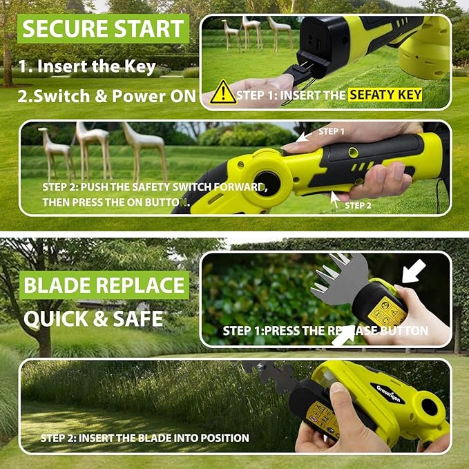 Grasstigon Hedge Trimmer Cordless Grass Shear Handheld Grass Trimmer, 2 in 1 Electric Bush Trimmer, 7.2V Lightweight Rechargeable Shrub Trimmer for Garden Yard Lawn, Type-C Cable Included (Green)