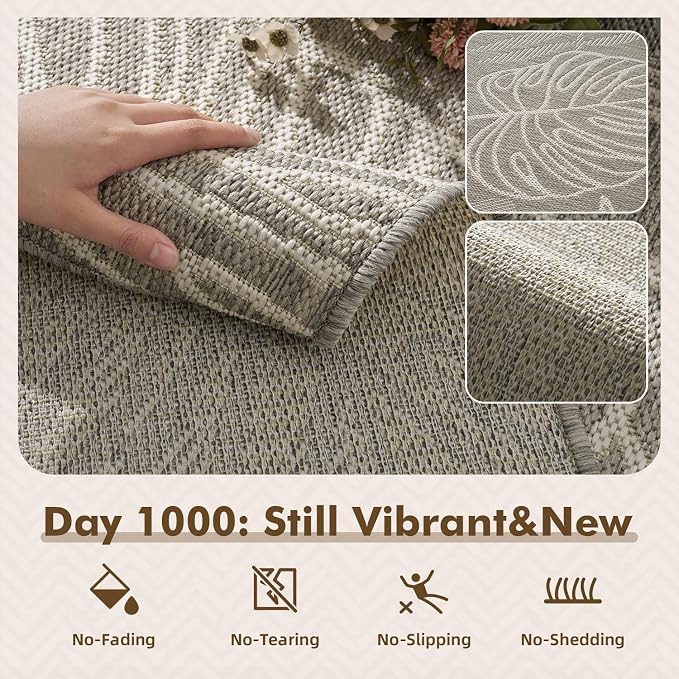 MontVoo-Outdoor Rug-Patio Rug 5x7 ft Polypropylene Indoor Outdoor Rugs Outdoor Carpet for Patio Deck Balcony Porch, Textured Weave, Durable for High Traffic, Fade-Resistant, Tropical Silver Grey