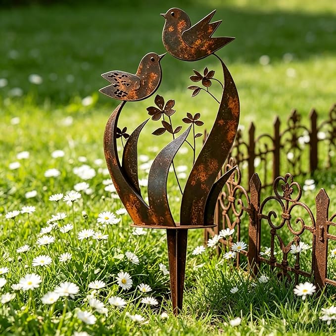 Bird & Wildflower Metal Garden Stake, Rustic Outdoor Decorative Stake, Weatherproof Metal Garden Art for Yard Lawn Patio Planters, Decorative Ornament Gift for Garden Lovers (1pcs)